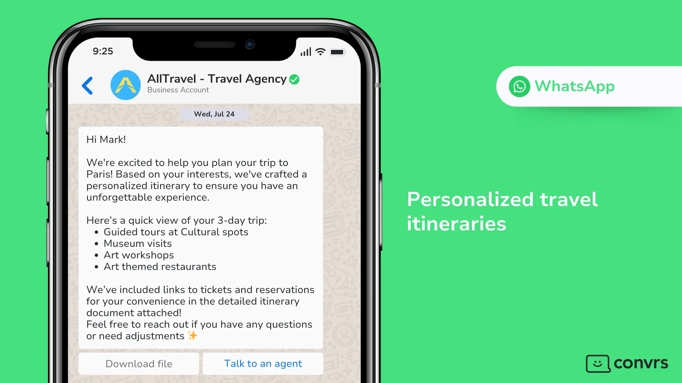 Customer receiving personalized travel itineraries from a travel agency via WhatsApp